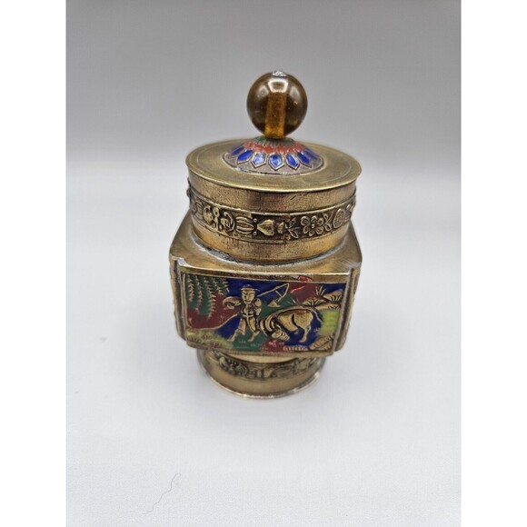 Vintage CHINESE ENAMELED Brass TEA CADDY JAR Amber Lucite Topper Lid Scene - Picture 2 of 9